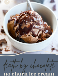 A bowl of Death By Chocolate Ice Cream is drizzled with rich chocolate sauce, with decadent chocolate chunks in the background. Text on the image reads death by chocolate no churn ice cream.