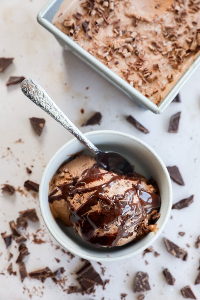 A bowl of dessert with chocolate sauce on top, a silver spoon, and chocolate chunks scattered around. A tray of more ice cream is in the background.