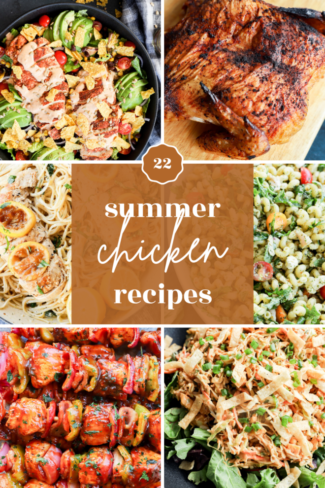 A collage of various chicken dishes, including salads, pasta, grilled chicken, kebabs, and pasta salad, with text overlay: 22 summer chicken recipes.