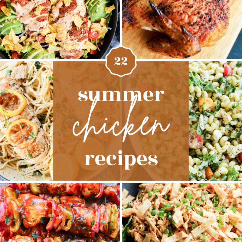 A collage of various chicken dishes, including salads, pasta, grilled chicken, kebabs, and pasta salad, with text overlay: 22 summer chicken recipes.