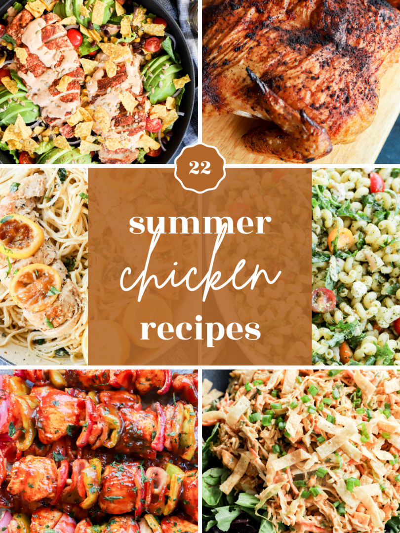 A collage of various chicken dishes, including salads, pasta, grilled chicken, kebabs, and pasta salad, with text overlay: 22 summer chicken recipes.