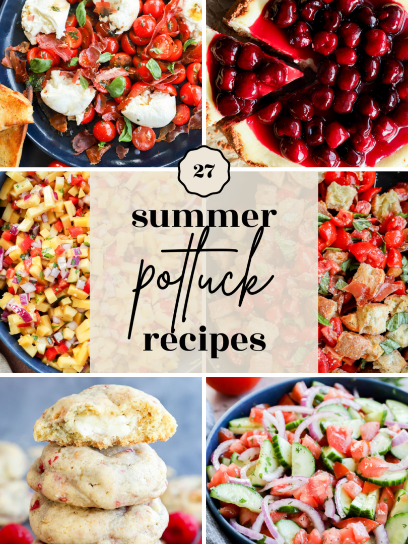 A collage of vibrant summer dishes, including cherry cheesecake, salads, cookies, and fresh tomato dishes, surrounds the text 27 summer potluck recipes in a handwritten font.
