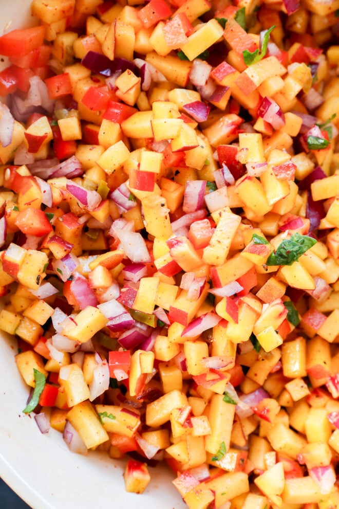 A close-up of fresh peach salsa with diced peaches, red onions, red bell peppers, cilantro, and spices in a bowl.