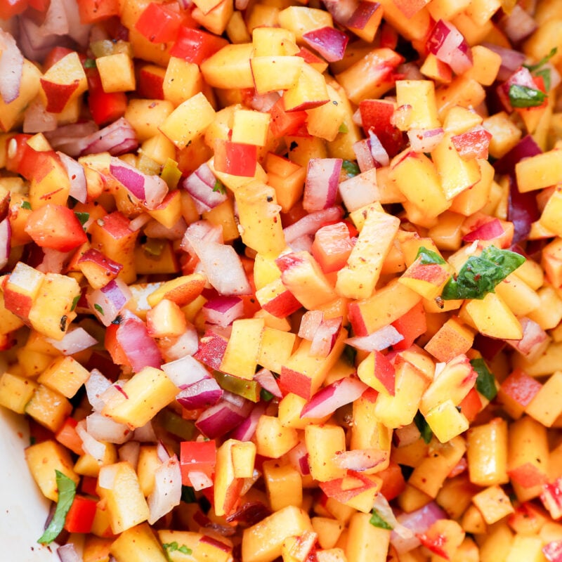 A close-up of fresh peach salsa with diced peaches, red onions, red bell peppers, cilantro, and spices in a bowl.
