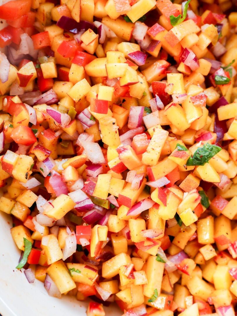A close-up of fresh peach salsa with diced peaches, red onions, red bell peppers, cilantro, and spices in a bowl.