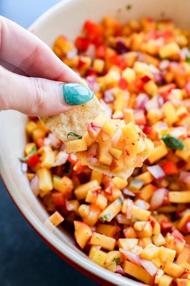 A hand with teal nail polish holds a chip topped with fresh peach salsa over a bowl filled with peach, red onion, red pepper, and herbs.