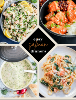 A collage of salmon dishes—rice bowl, creamy soup, pasta, and Asian-style salmon—showcases delicious salmon recipes for dinner, with “easy salmon dinners” text in the center and cakenknife.com at the bottom.