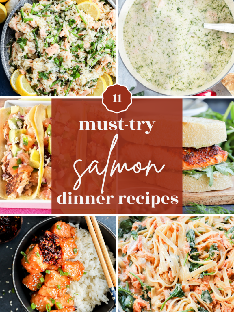 A collage of six salmon dishes, including rice, soup, tacos, a burger, bowls, and pasta, with a central text overlay that reads 11 must-try salmon recipes dinner ideas.