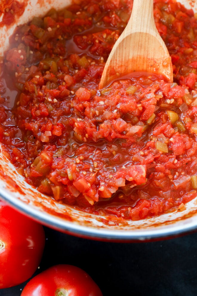 A wooden spoon stirs chunky tomato salsa in a bowl, surrounded by fresh red tomatoes, evoking the vibrant flavors of homemade tomato chutney.