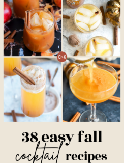 Four autumn cocktails with ice, cinnamon sticks, apples, and pumpkins. Text reads: 38 easy fall cocktail recipes with the website cakenknife.com at the bottom—perfect inspiration for your seasonal gatherings.
