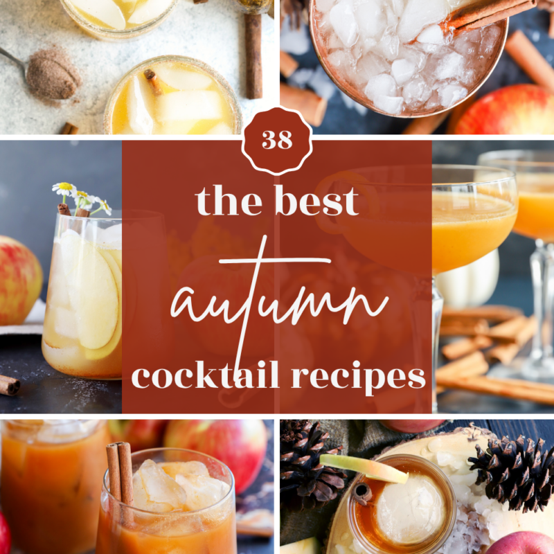 Collage of autumn cocktails with ice, apples, cinnamon sticks, spices, and text overlay: 38 the best fall cocktail recipes. Cozy fall decorations like pine cones and pumpkins are included.