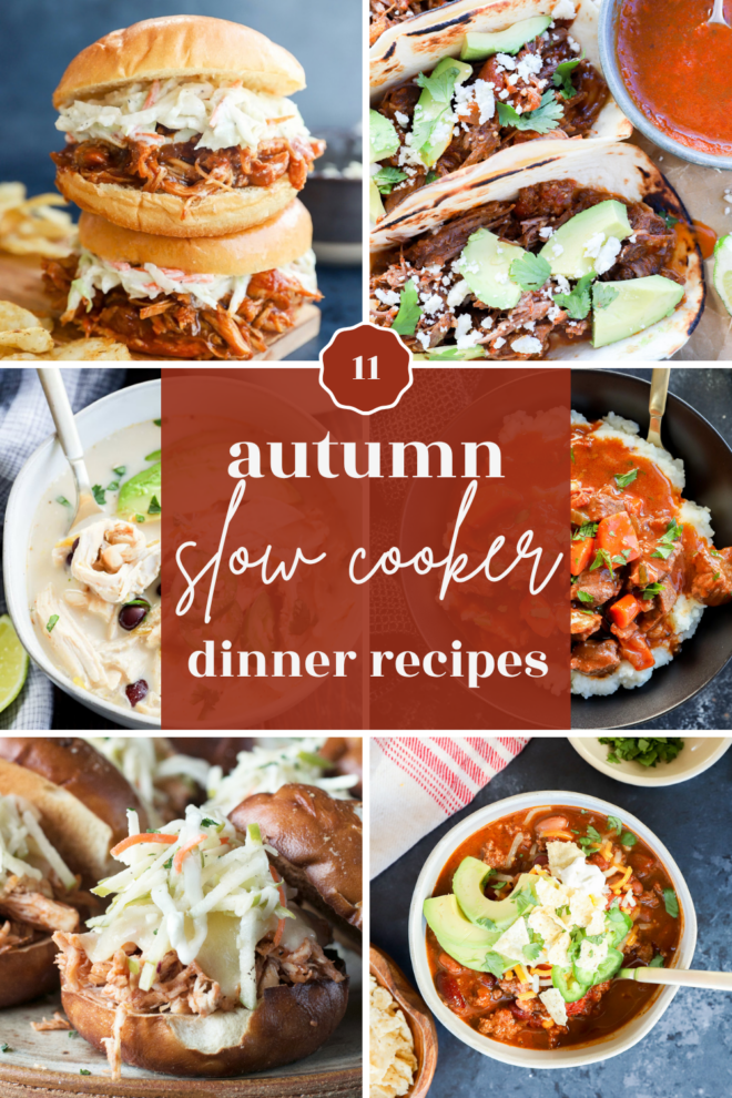 A collage of six fall slow cooker recipes, featuring sandwiches, tacos, soups, and bowls, with text in the center reading autumn slow cooker dinner recipes.