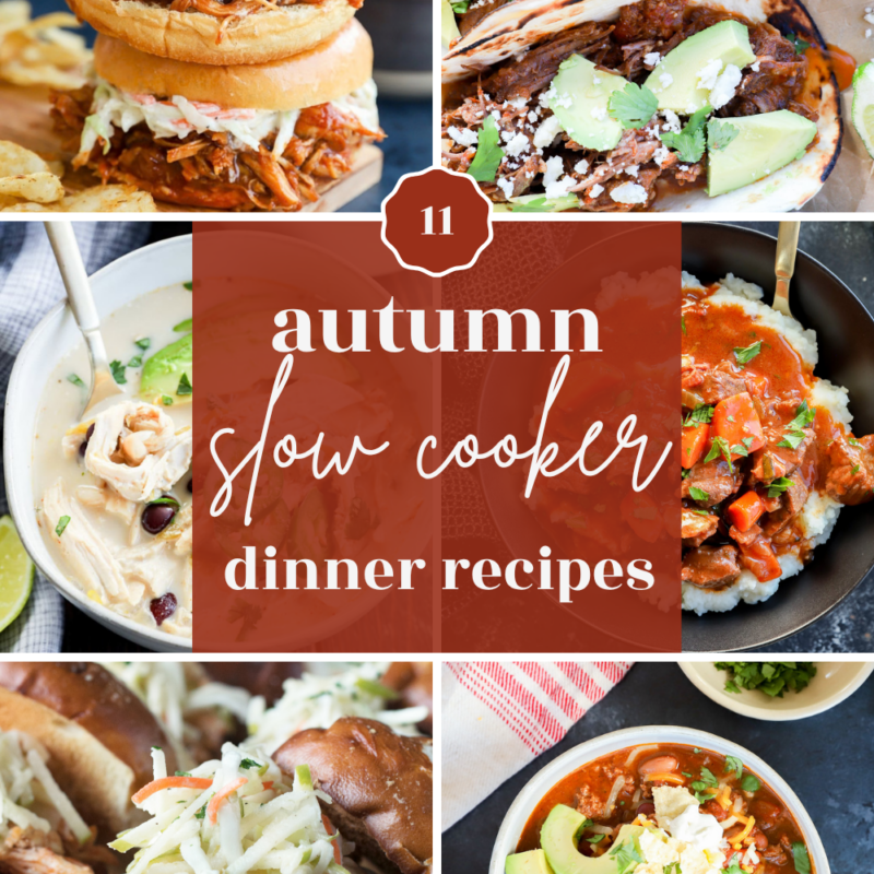 A collage of six fall slow cooker recipes, featuring sandwiches, tacos, soups, and bowls, with text in the center reading autumn slow cooker dinner recipes.