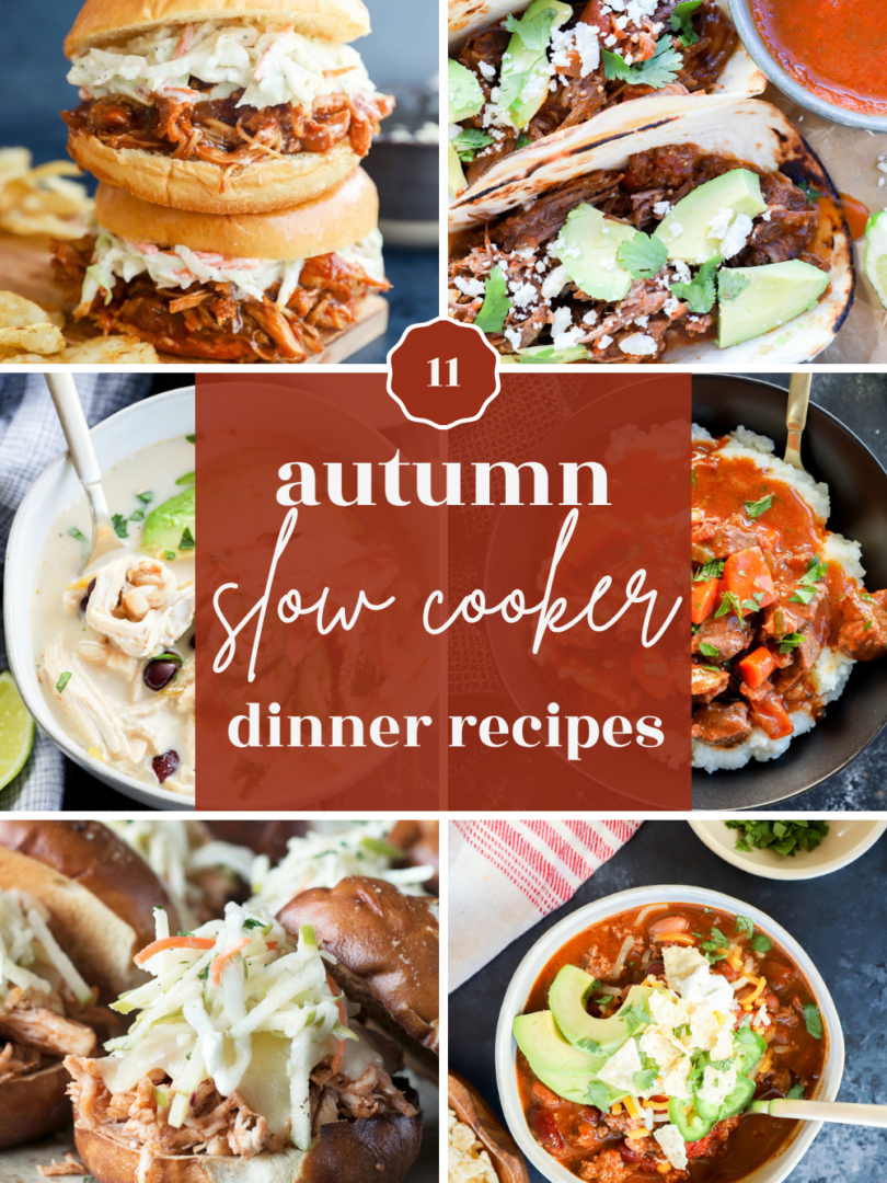 A collage of six fall slow cooker recipes, featuring sandwiches, tacos, soups, and bowls, with text in the center reading autumn slow cooker dinner recipes.