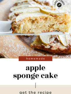 A slice of homemade apple sponge cake being lifted from the whole cake with a server.