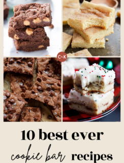 A collage of four different cookie bars, with text reading 10 best ever cookie bar recipes and cakenknife.com below.