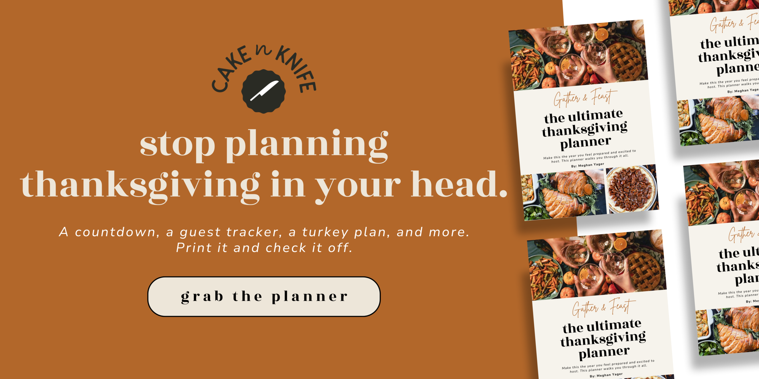 Promotional graphic for the Gather & Feast Thanksgiving planner, including a recipe for bacon onion jam and a call-to-action button to grab the planner.