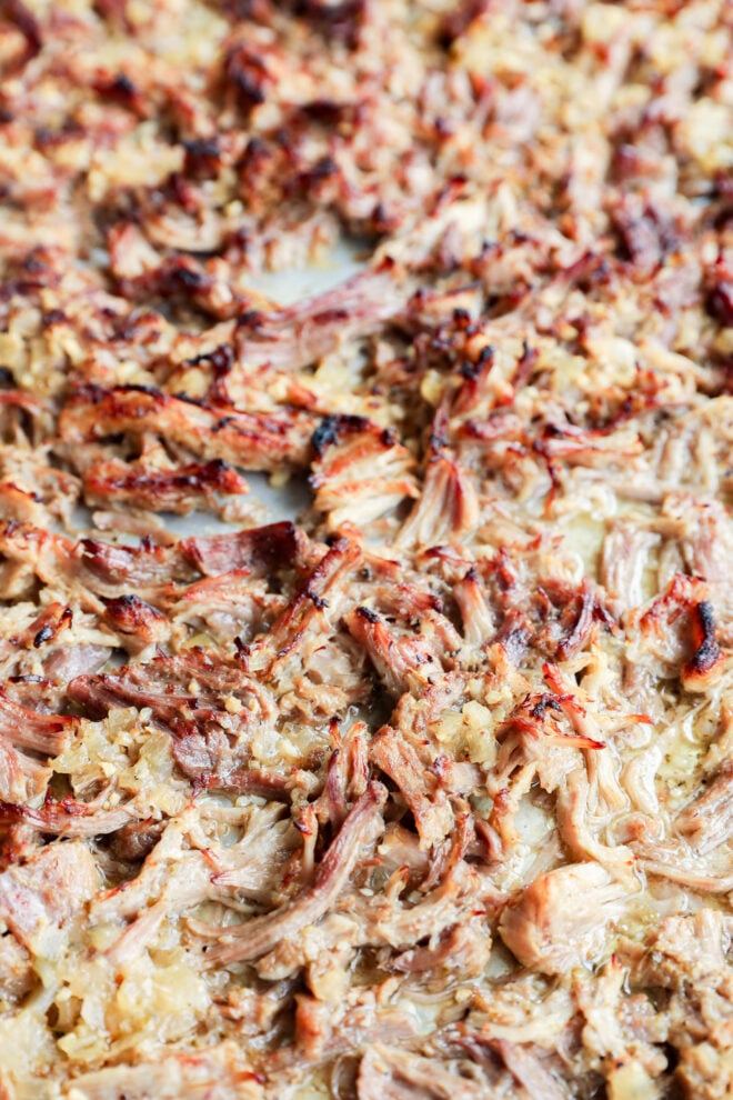 Close-up of shredded instant pot carnitas with browned, crispy edges on a baking sheet.
