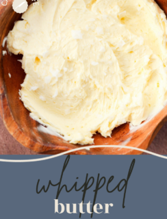 A wooden bowl filled with whipped butter topped with sea salt flakes, with the text whipped butter below.